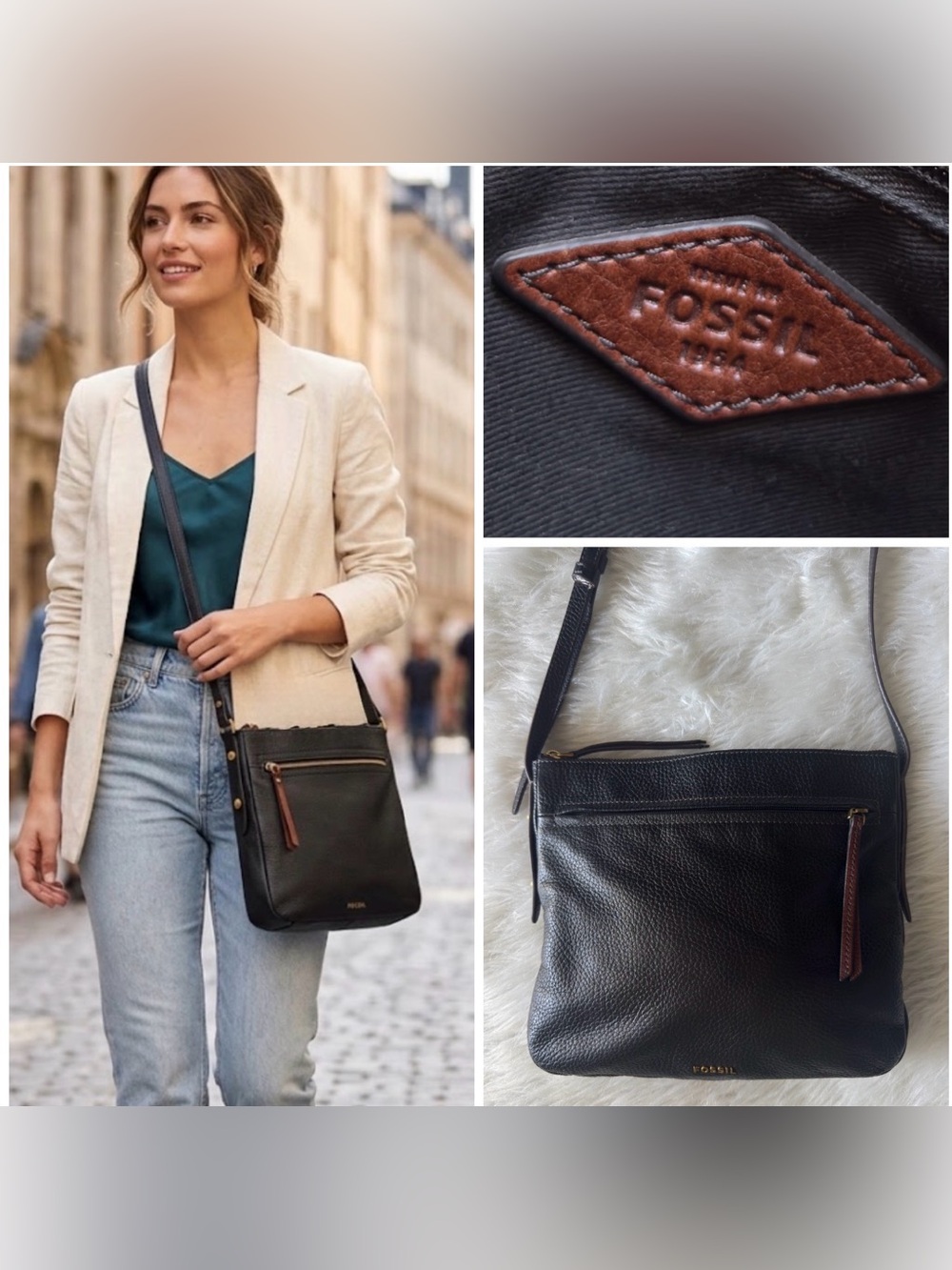 Fossil Tessa Crossbody Bag Black Pebbled Leather